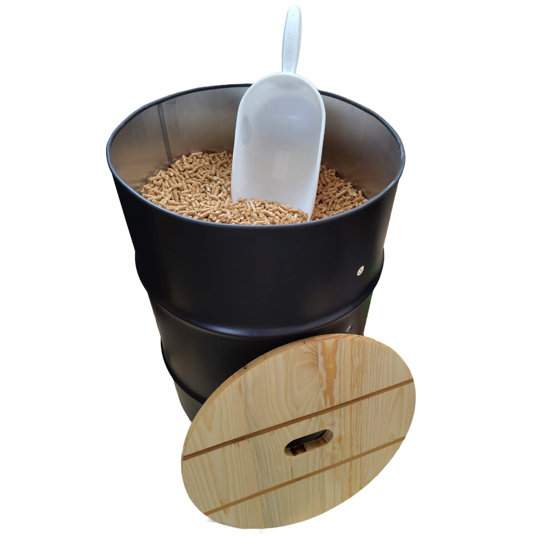 Pelletbehälter, Pelletbox, rund, metall mit Holzdeckel